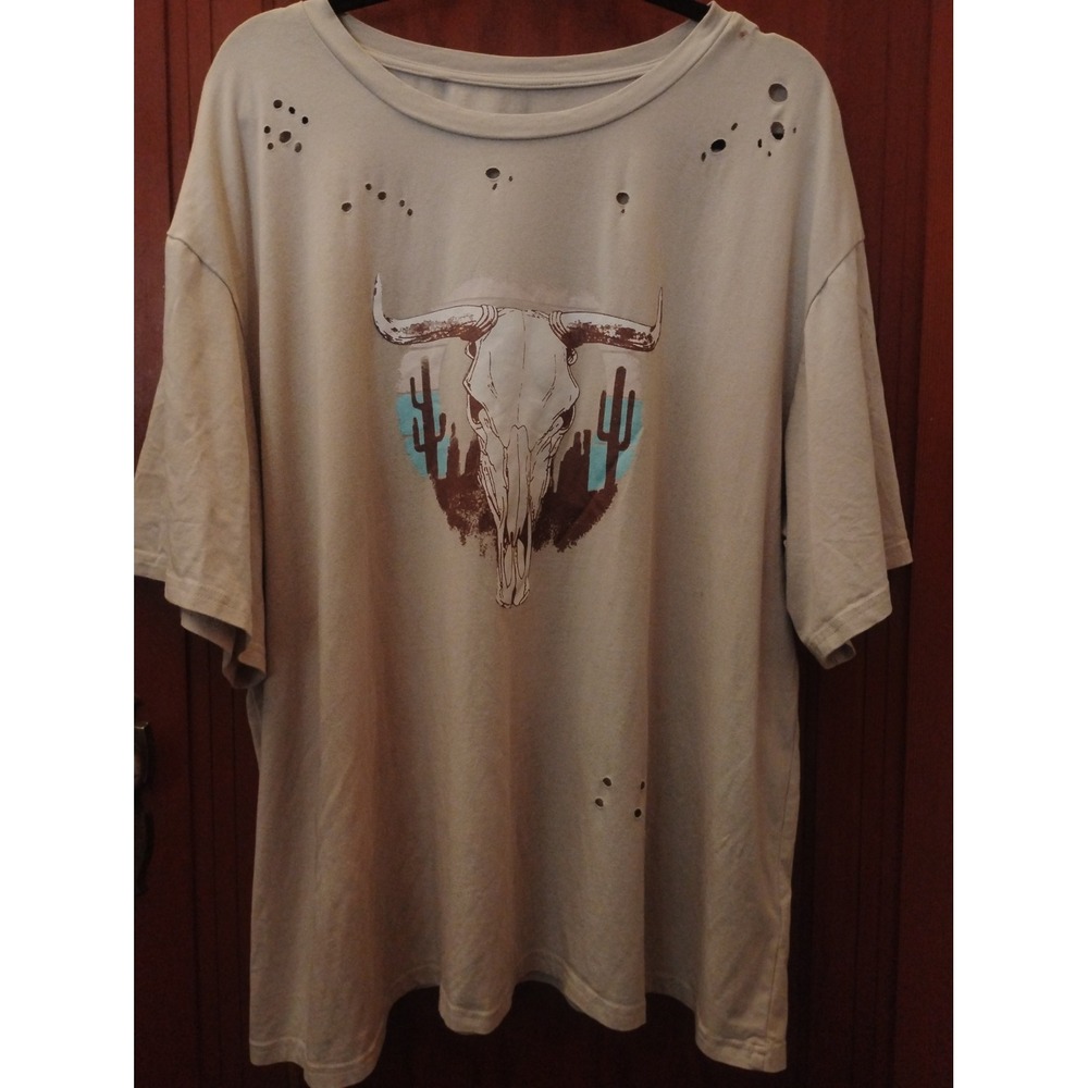 Womens Oversized Distressed Graphic T-Shirt Tan Steer Skull Cactus Desert Boho